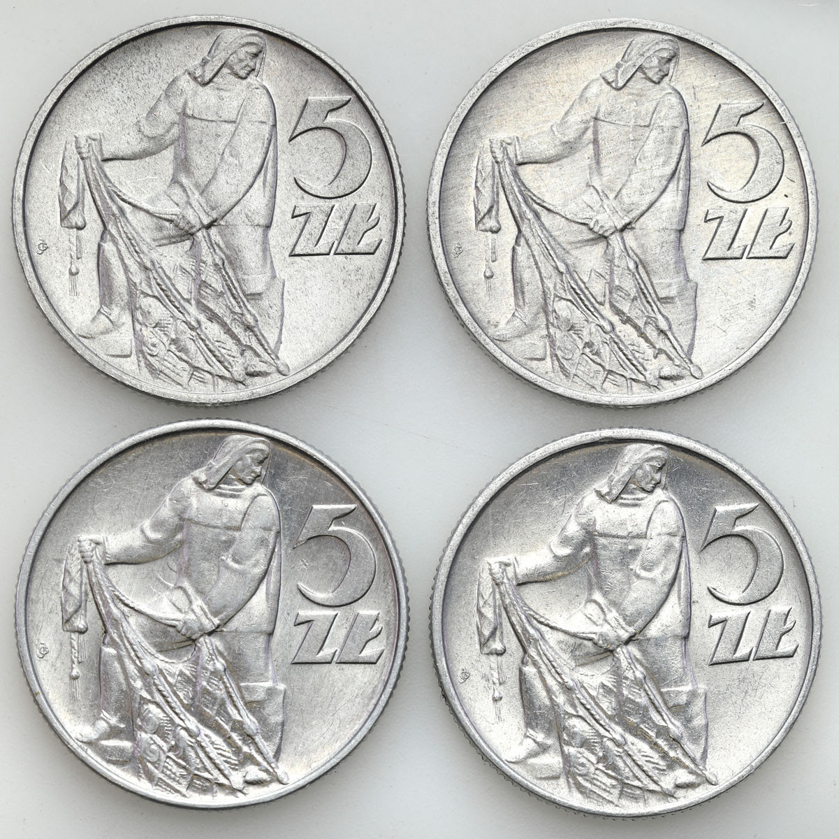 PRL. 5 złotych 1959 - 1974, rybak, zestaw 4 monet – PIĘKNE